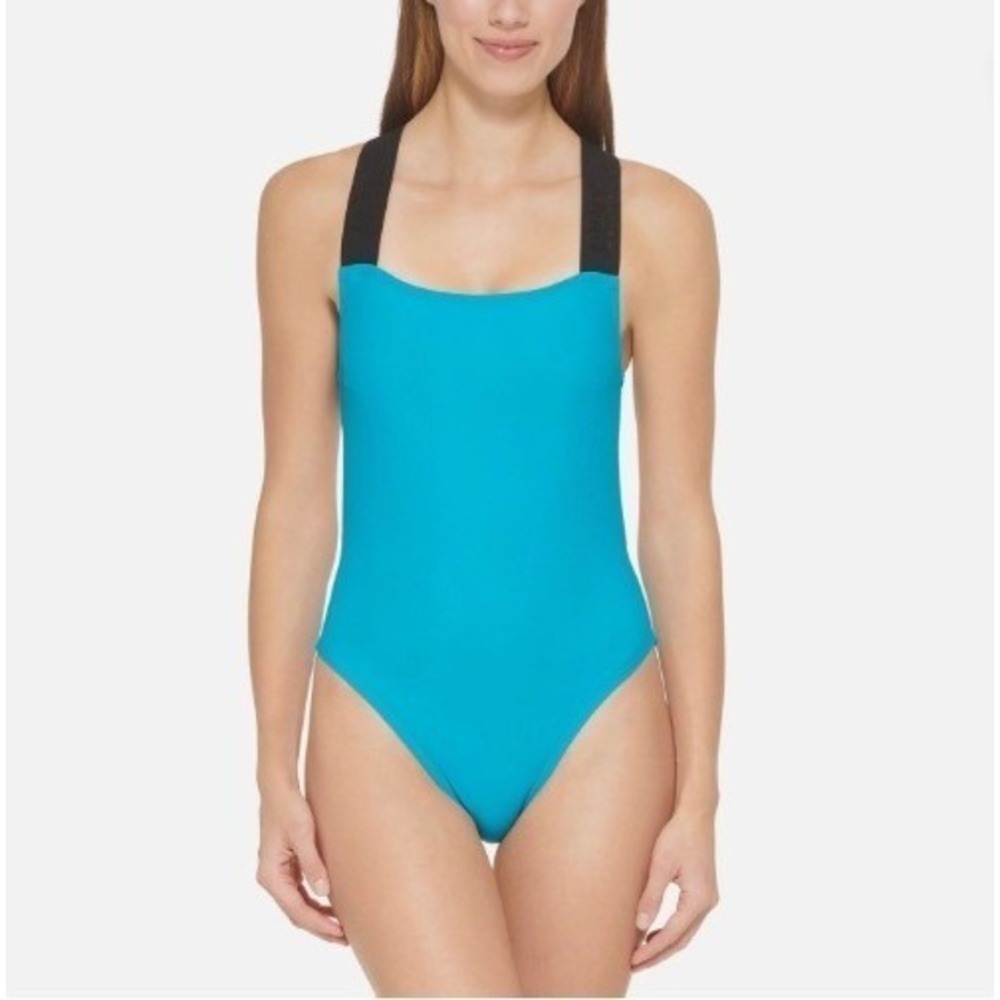 DKNY One Piece Swimsuit Womens L Blue Logo Crossback Straps Athletic Swimwear - Picture 4 of 10
